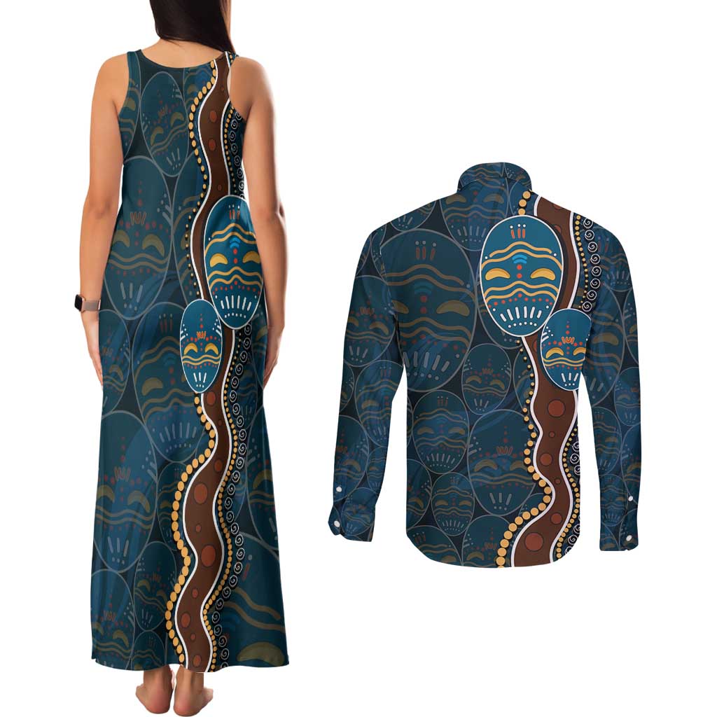Aboriginal Masks Art Couples Matching Tank Maxi Dress and Long Sleeve Button Shirt Australian Indigenous