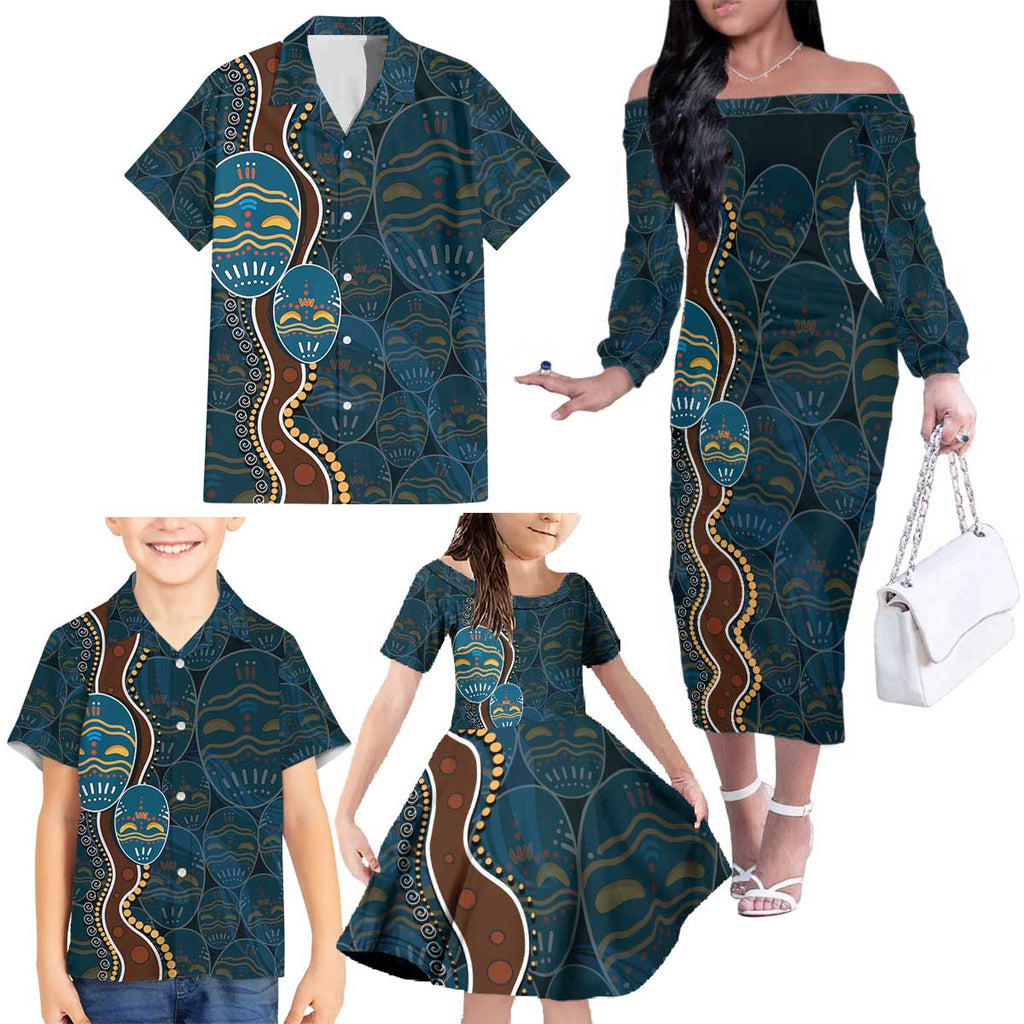Aboriginal Masks Art Family Matching Off The Shoulder Long Sleeve Dress and Hawaiian Shirt Australian Indigenous
