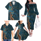 Aboriginal Masks Art Family Matching Off The Shoulder Long Sleeve Dress and Hawaiian Shirt Australian Indigenous