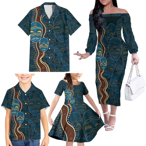 Aboriginal Masks Art Family Matching Off The Shoulder Long Sleeve Dress and Hawaiian Shirt Australian Indigenous
