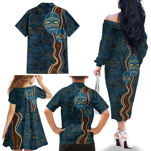 Aboriginal Masks Art Family Matching Off The Shoulder Long Sleeve Dress and Hawaiian Shirt Australian Indigenous