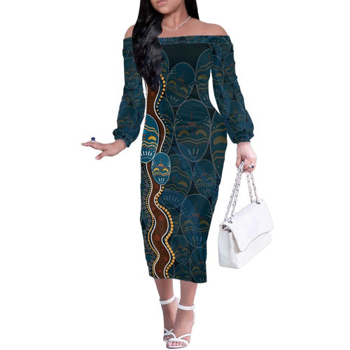 Aboriginal Masks Art Family Matching Off The Shoulder Long Sleeve Dress and Hawaiian Shirt Australian Indigenous