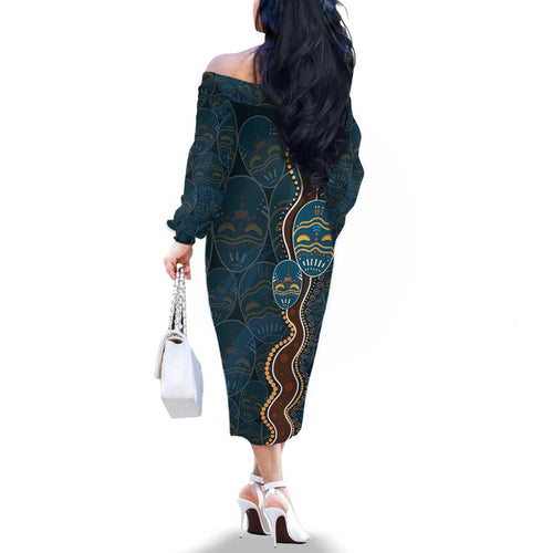 Aboriginal Masks Art Family Matching Off The Shoulder Long Sleeve Dress and Hawaiian Shirt Australian Indigenous