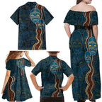 Aboriginal Masks Art Family Matching Off Shoulder Maxi Dress and Hawaiian Shirt Australian Indigenous