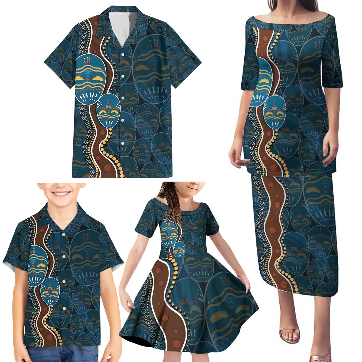 Aboriginal Masks Art Family Matching Puletasi and Hawaiian Shirt Australian Indigenous