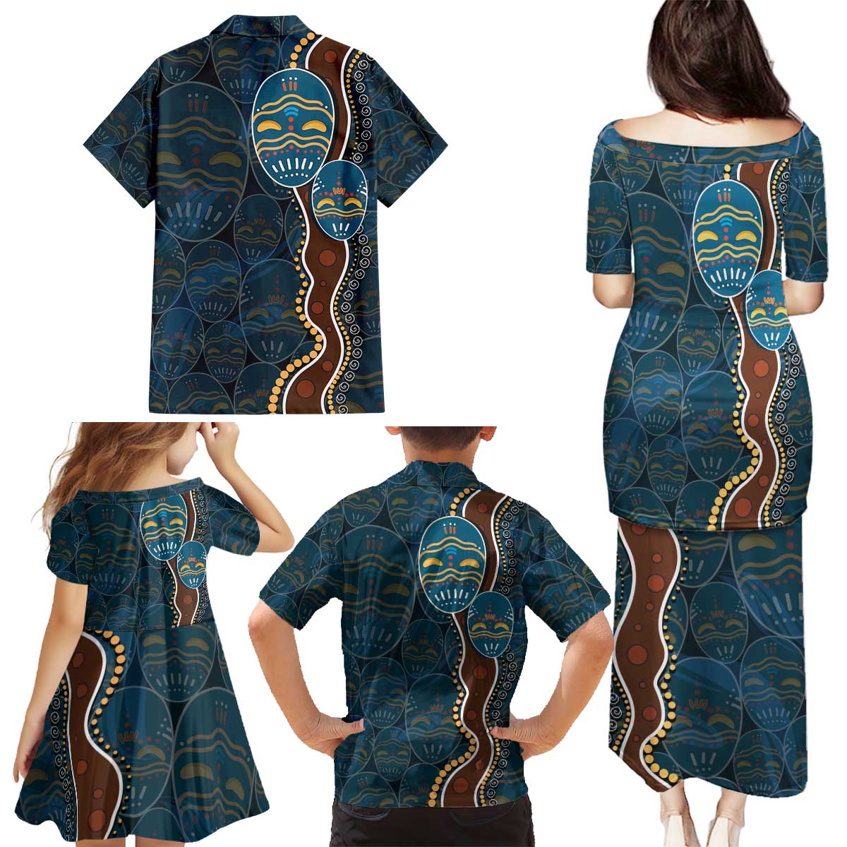 Aboriginal Masks Art Family Matching Puletasi and Hawaiian Shirt Australian Indigenous