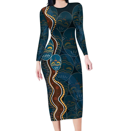 Aboriginal Masks Art Long Sleeve Bodycon Dress Australian Indigenous
