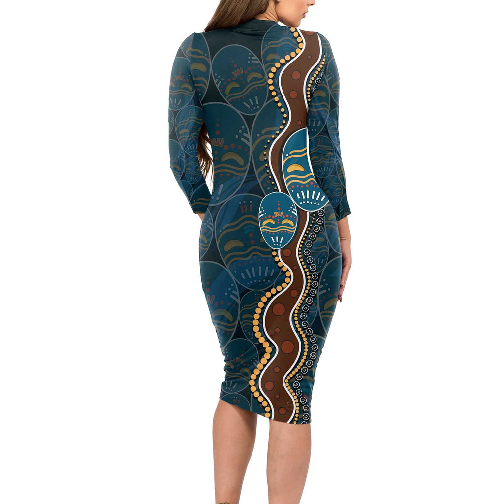 Aboriginal Masks Art Long Sleeve Bodycon Dress Australian Indigenous