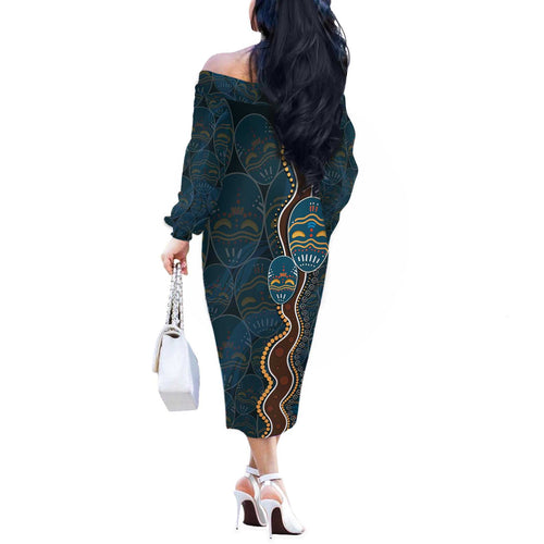 Aboriginal Masks Art Off The Shoulder Long Sleeve Dress Australian Indigenous