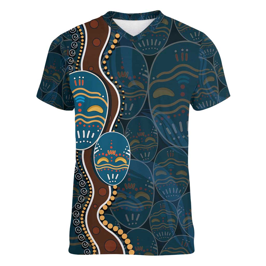 Aboriginal Masks Art Women V-Neck T-Shirt Australian Indigenous