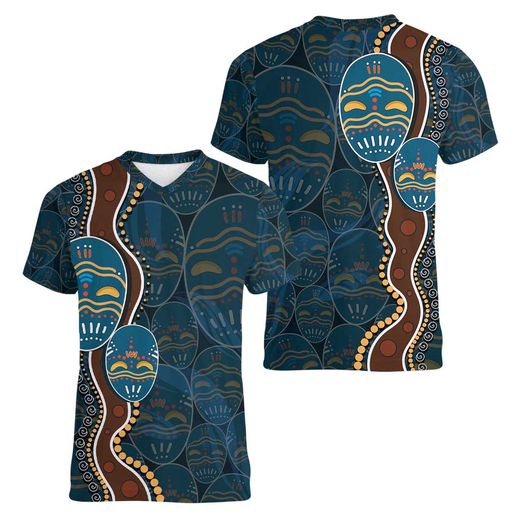 Aboriginal Masks Art Women V-Neck T-Shirt Australian Indigenous
