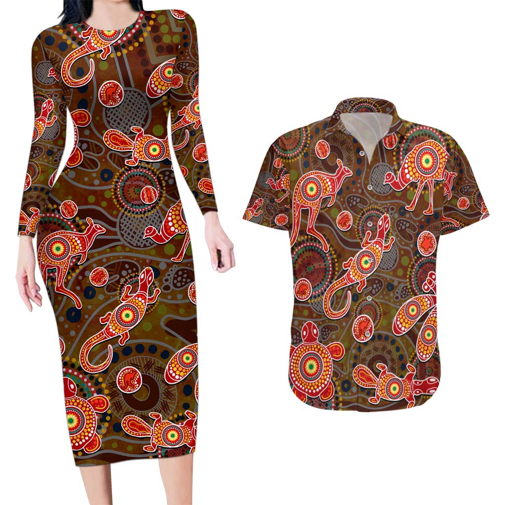 Animal Australia Aboriginal Art Couples Matching Long Sleeve Bodycon Dress and Hawaiian Shirt