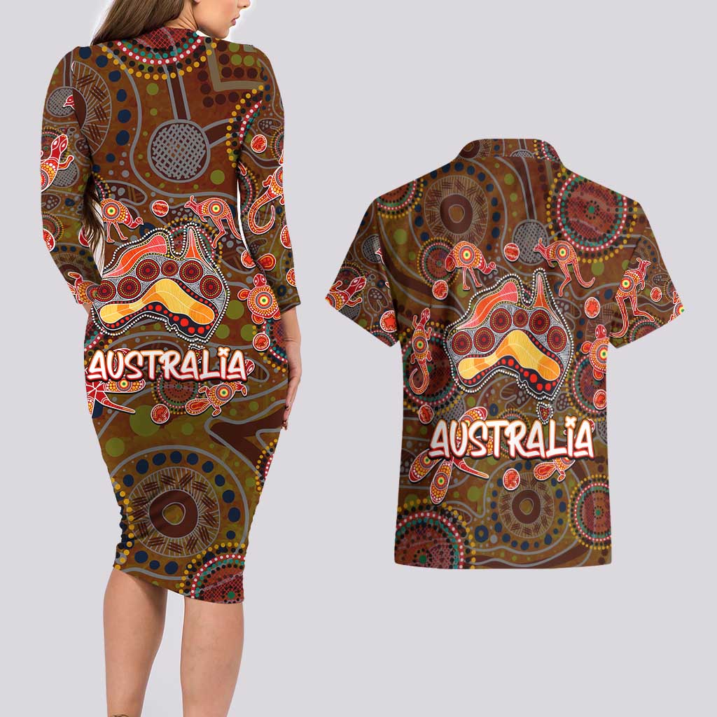 Animal Australia Aboriginal Art Couples Matching Long Sleeve Bodycon Dress and Hawaiian Shirt