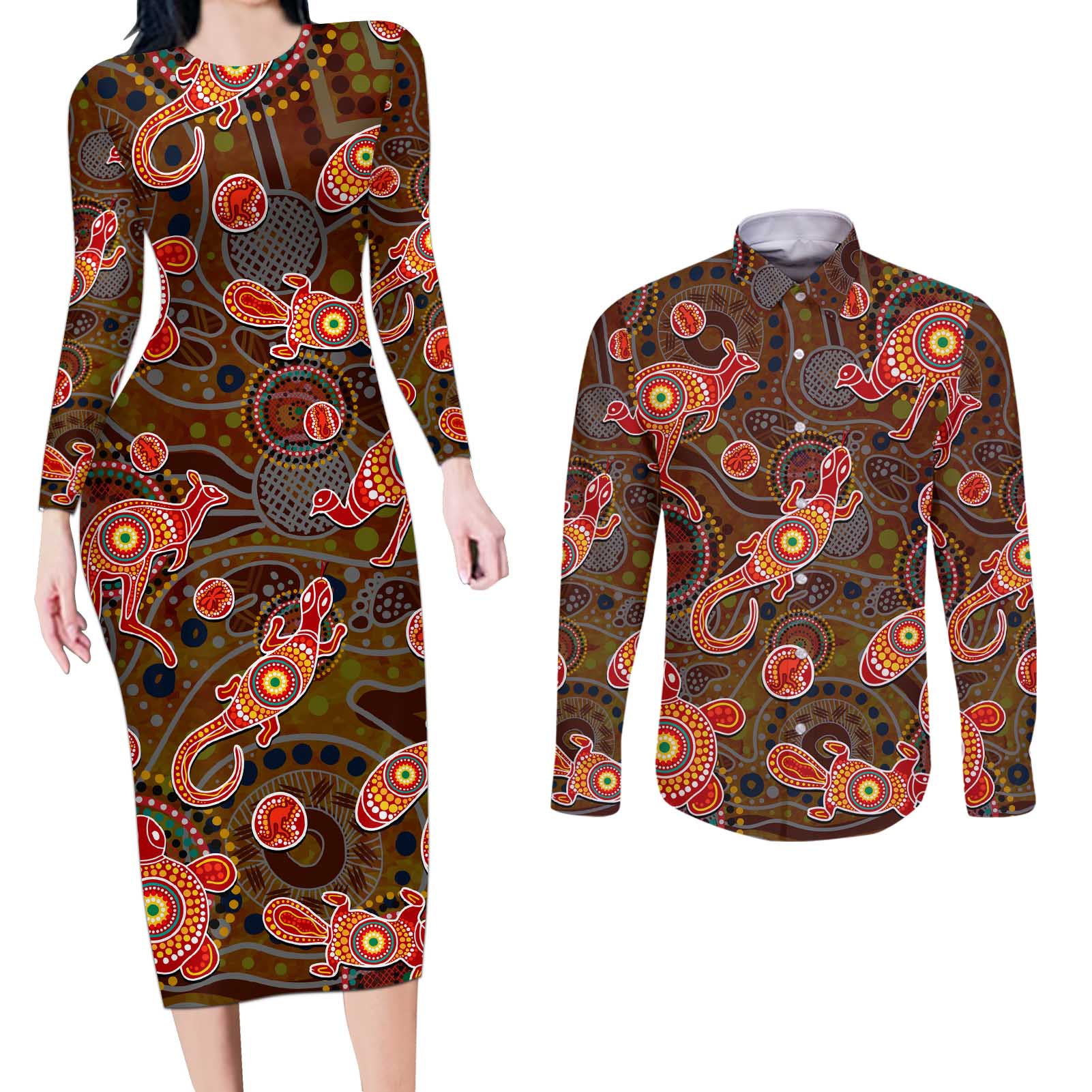 Animal Australia Aboriginal Art Couples Matching Long Sleeve Bodycon Dress and Long Sleeve Button Shirt