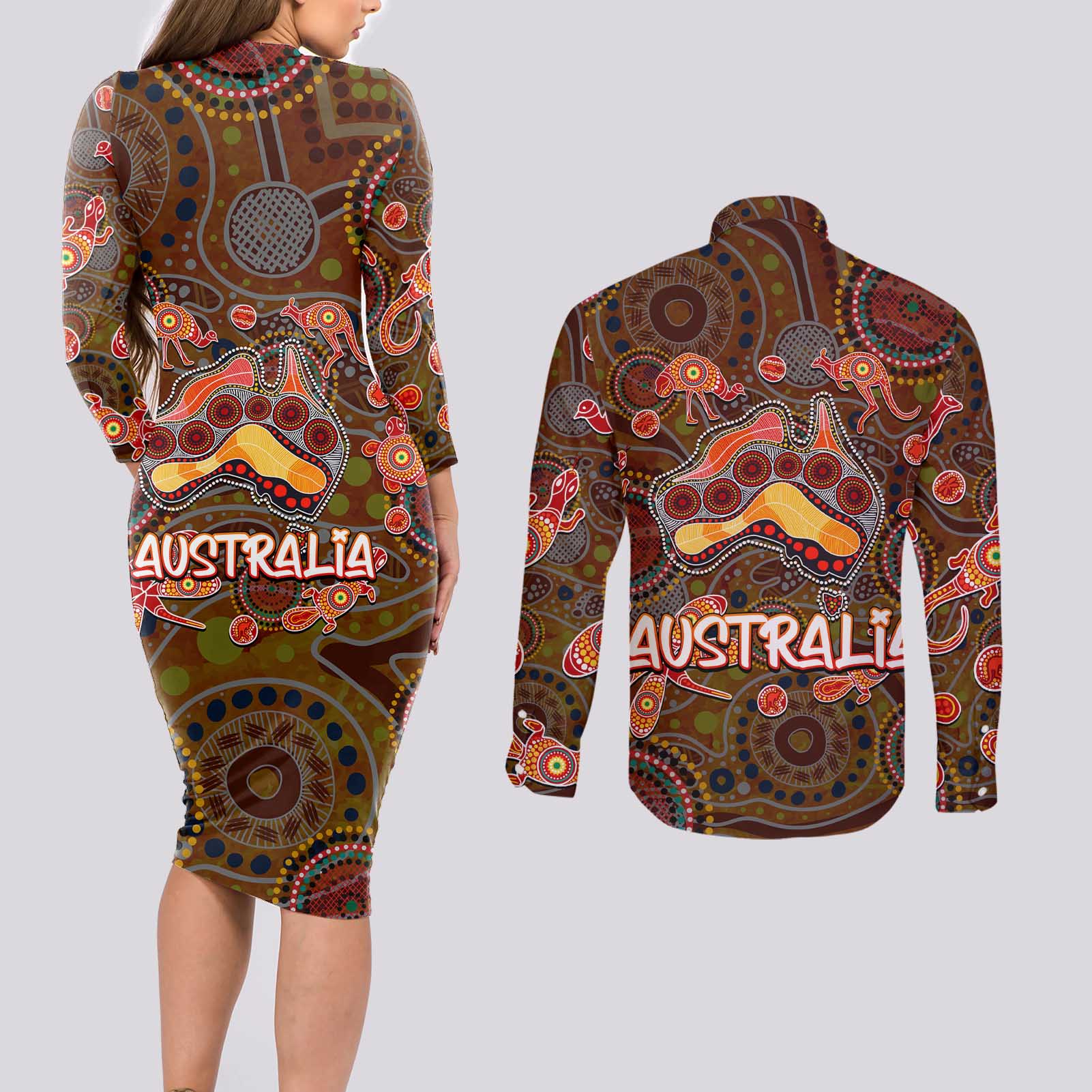 Animal Australia Aboriginal Art Couples Matching Long Sleeve Bodycon Dress and Long Sleeve Button Shirt