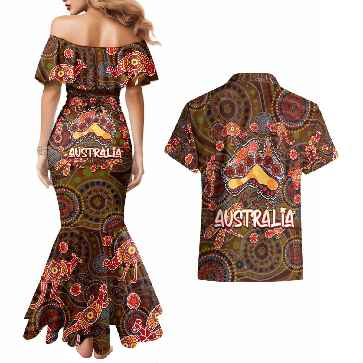 Animal Australia Aboriginal Art Couples Matching Mermaid Dress and Hawaiian Shirt