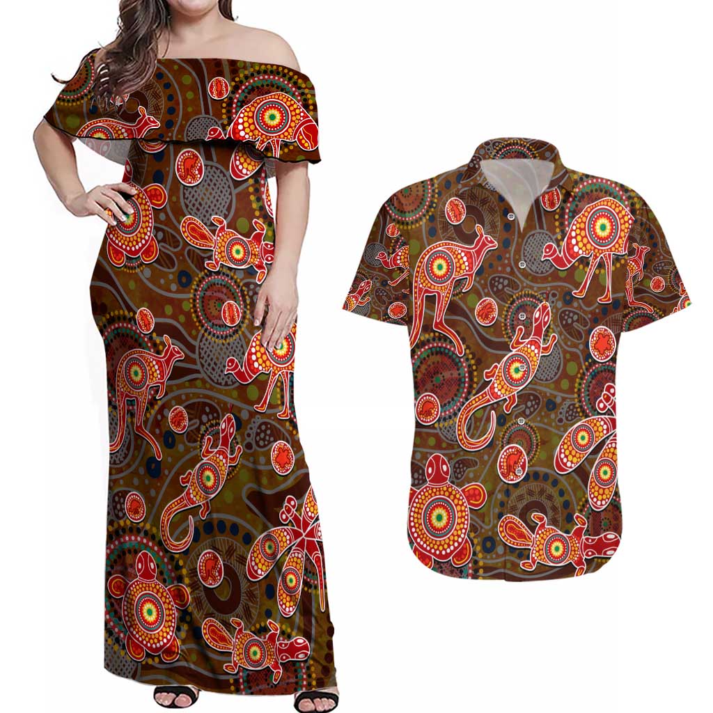 Animal Australia Aboriginal Art Couples Matching Off Shoulder Maxi Dress and Hawaiian Shirt