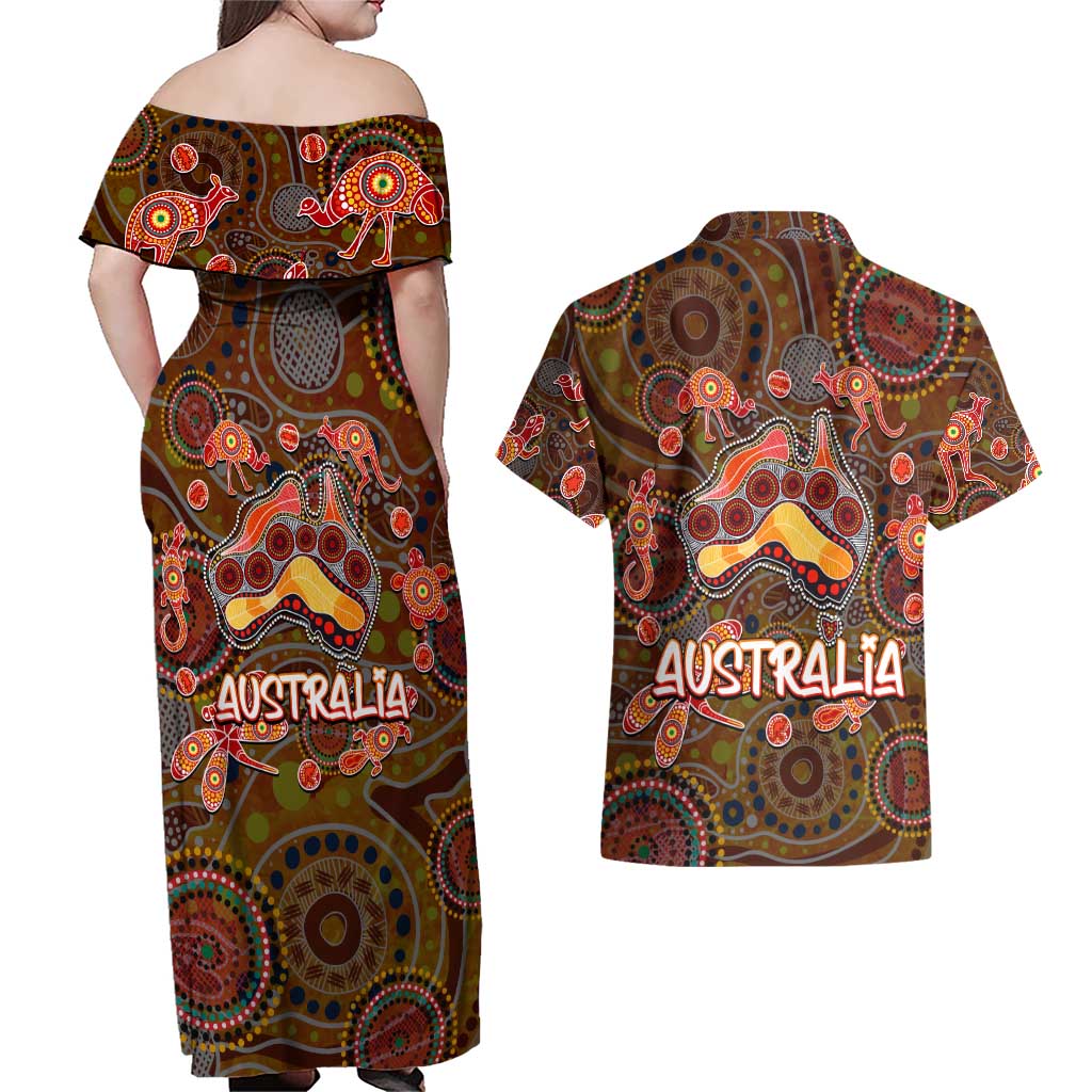 Animal Australia Aboriginal Art Couples Matching Off Shoulder Maxi Dress and Hawaiian Shirt
