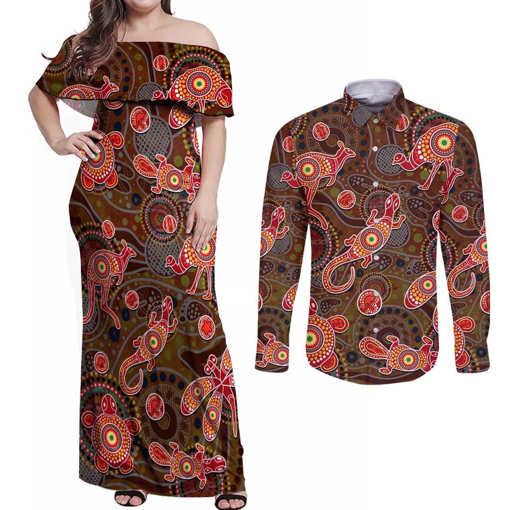 Animal Australia Aboriginal Art Couples Matching Off Shoulder Maxi Dress and Long Sleeve Button Shirt