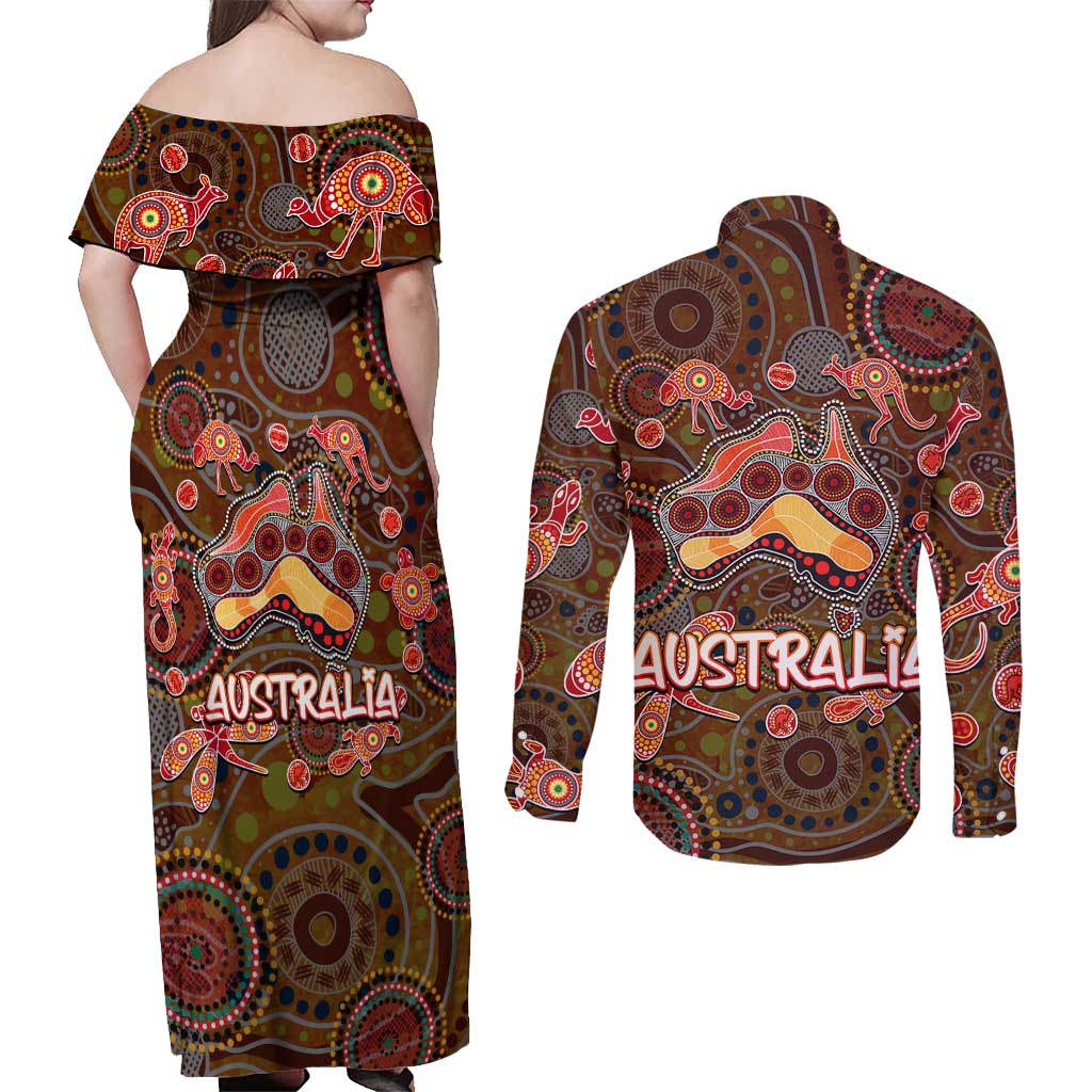 Animal Australia Aboriginal Art Couples Matching Off Shoulder Maxi Dress and Long Sleeve Button Shirt