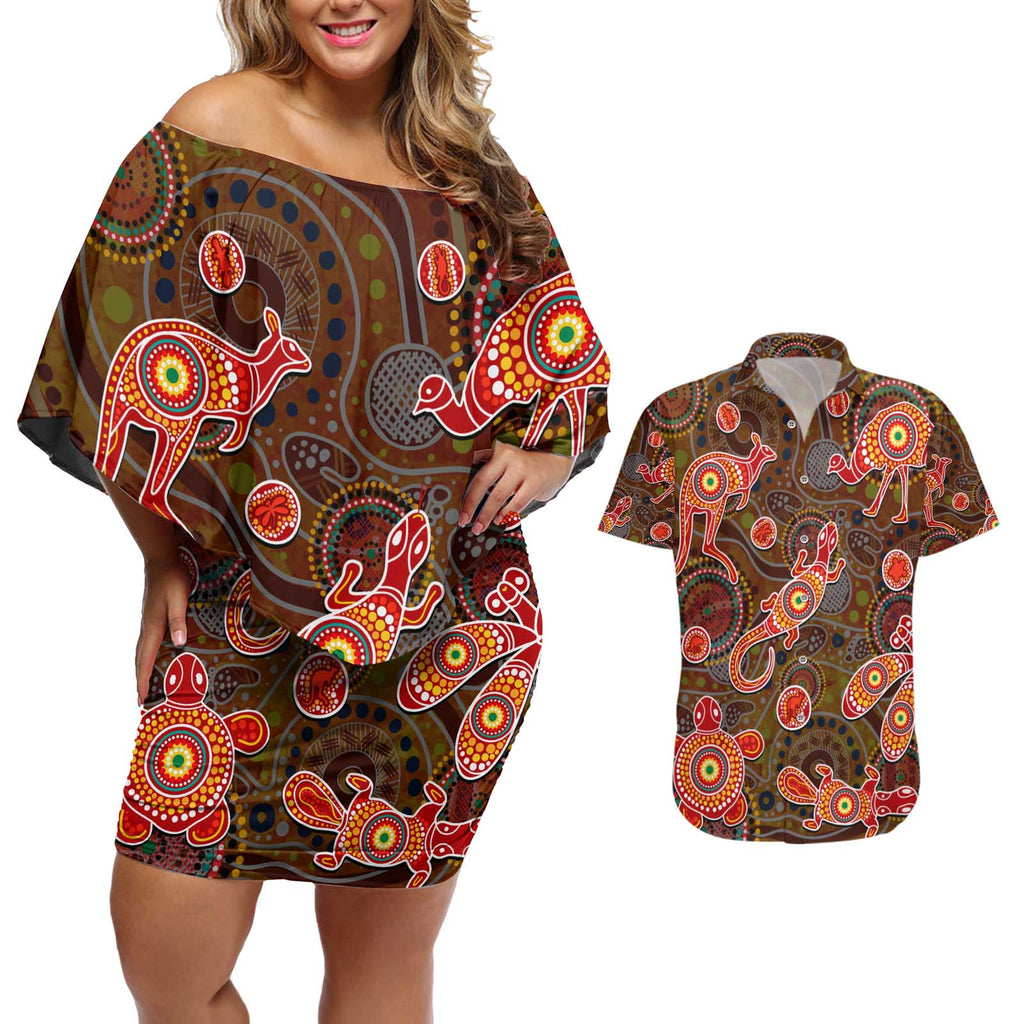 Animal Australia Aboriginal Art Couples Matching Off Shoulder Short Dress and Hawaiian Shirt