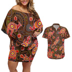 Animal Australia Aboriginal Art Couples Matching Off Shoulder Short Dress and Hawaiian Shirt