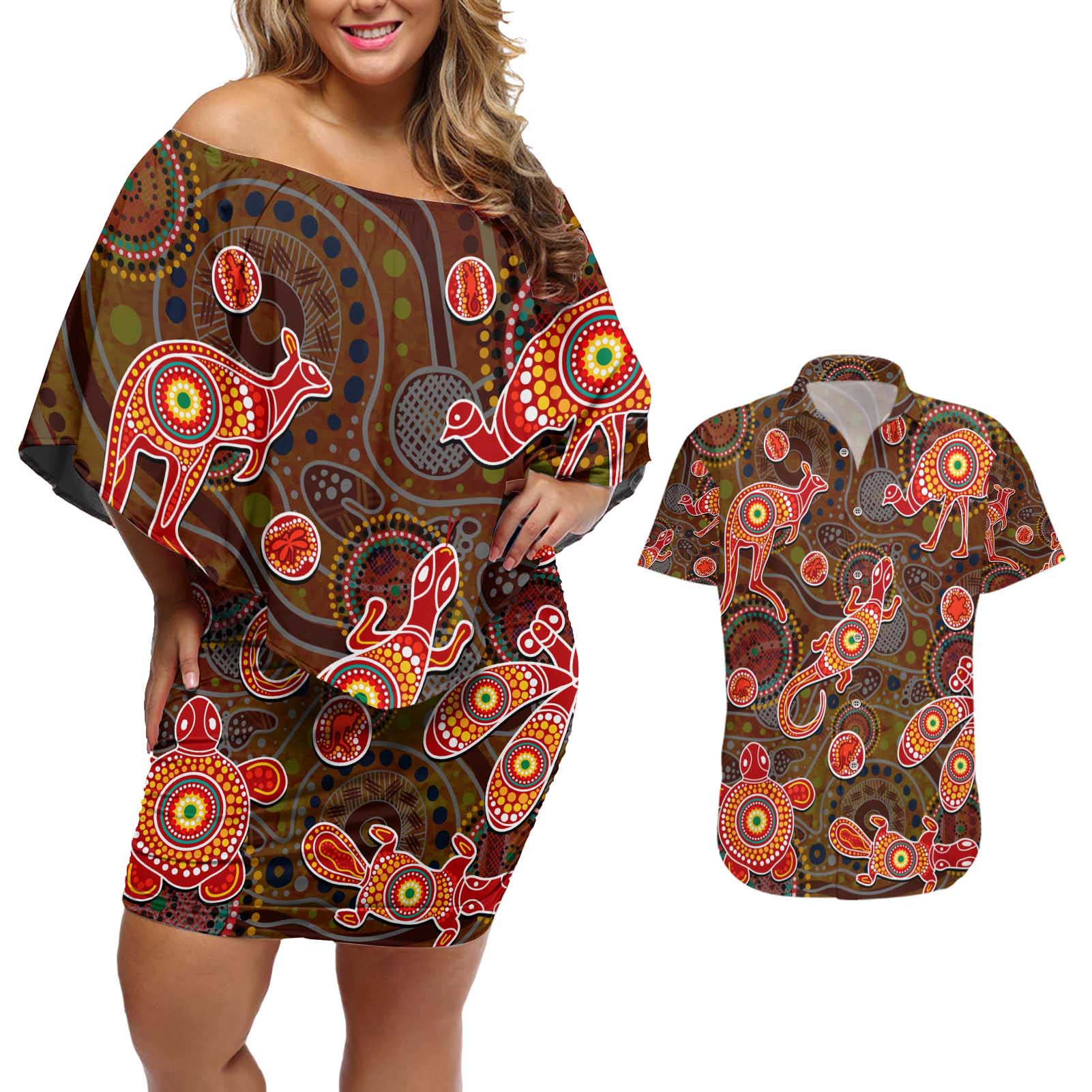 Animal Australia Aboriginal Art Couples Matching Off Shoulder Short Dress and Hawaiian Shirt