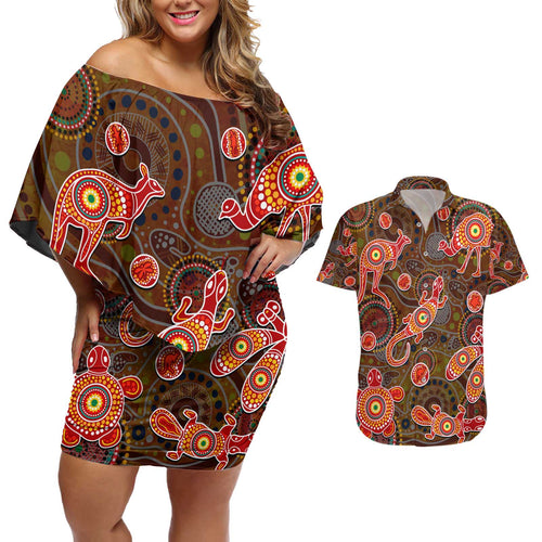 Animal Australia Aboriginal Art Couples Matching Off Shoulder Short Dress and Hawaiian Shirt