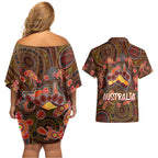 Animal Australia Aboriginal Art Couples Matching Off Shoulder Short Dress and Hawaiian Shirt