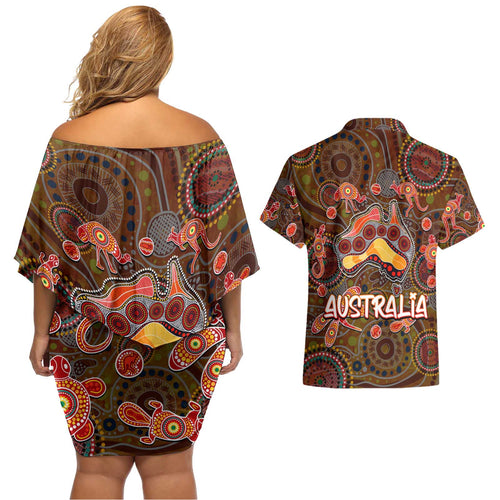 Animal Australia Aboriginal Art Couples Matching Off Shoulder Short Dress and Hawaiian Shirt