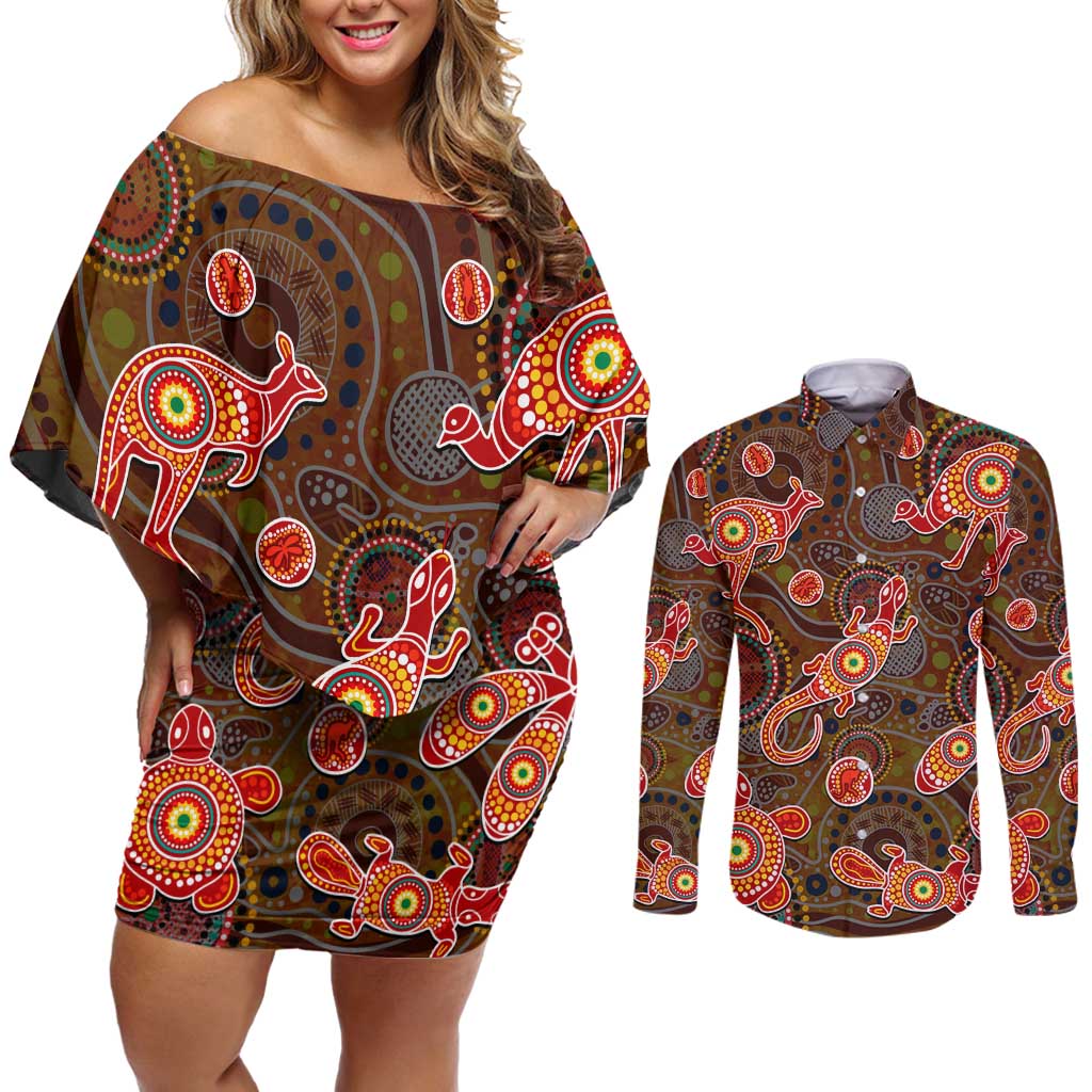 Animal Australia Aboriginal Art Couples Matching Off Shoulder Short Dress and Long Sleeve Button Shirt