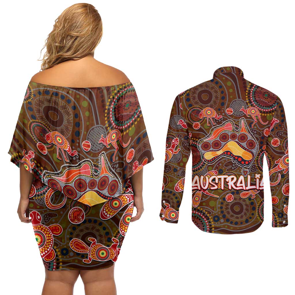 Animal Australia Aboriginal Art Couples Matching Off Shoulder Short Dress and Long Sleeve Button Shirt