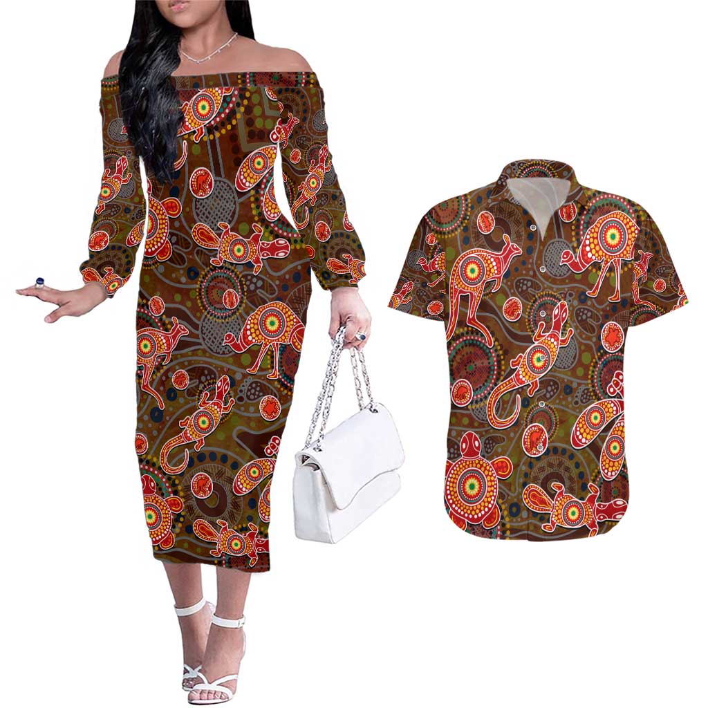 Animal Australia Aboriginal Art Couples Matching Off The Shoulder Long Sleeve Dress and Hawaiian Shirt