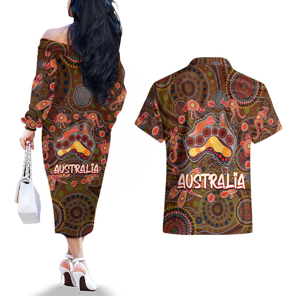 Animal Australia Aboriginal Art Couples Matching Off The Shoulder Long Sleeve Dress and Hawaiian Shirt