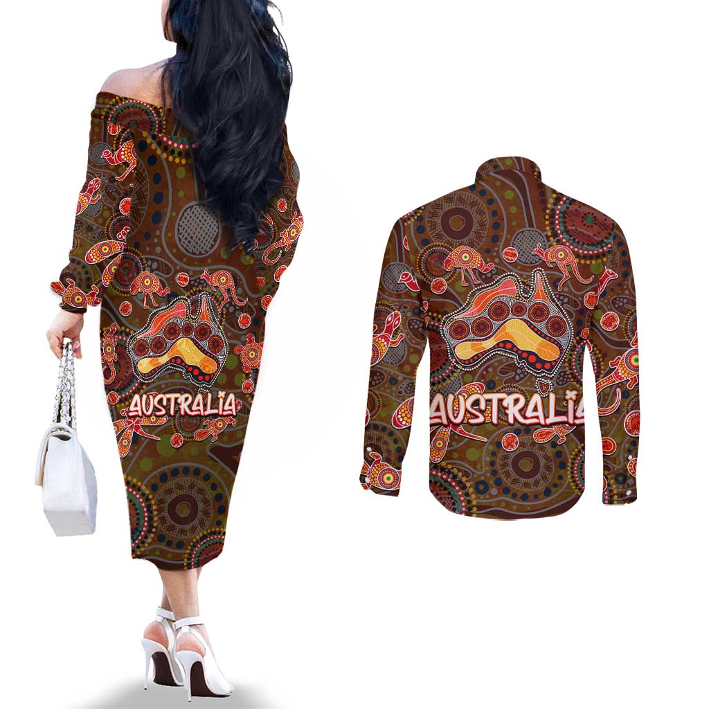 Animal Australia Aboriginal Art Couples Matching Off The Shoulder Long Sleeve Dress and Long Sleeve Button Shirt