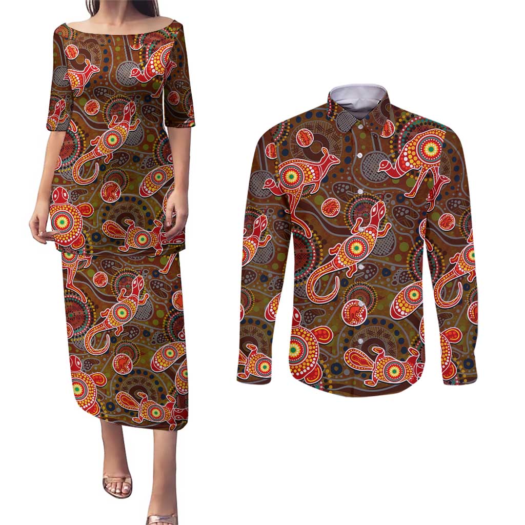 Animal Australia Aboriginal Art Couples Matching Puletasi and Long Sleeve Button Shirt