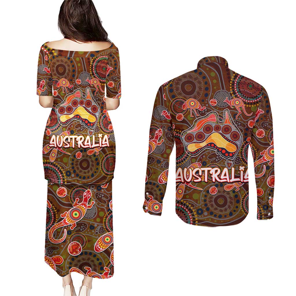 Animal Australia Aboriginal Art Couples Matching Puletasi and Long Sleeve Button Shirt