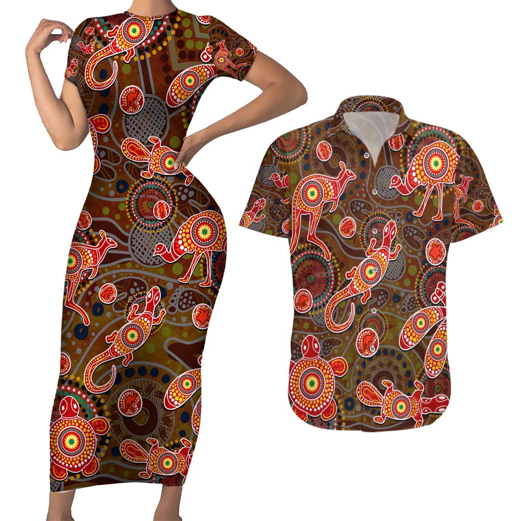 Animal Australia Aboriginal Art Couples Matching Short Sleeve Bodycon Dress and Hawaiian Shirt
