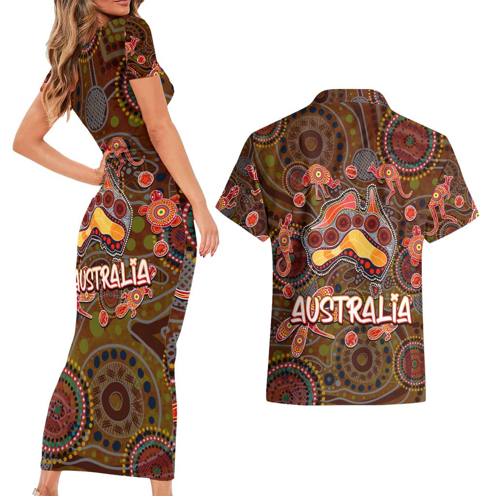 Animal Australia Aboriginal Art Couples Matching Short Sleeve Bodycon Dress and Hawaiian Shirt
