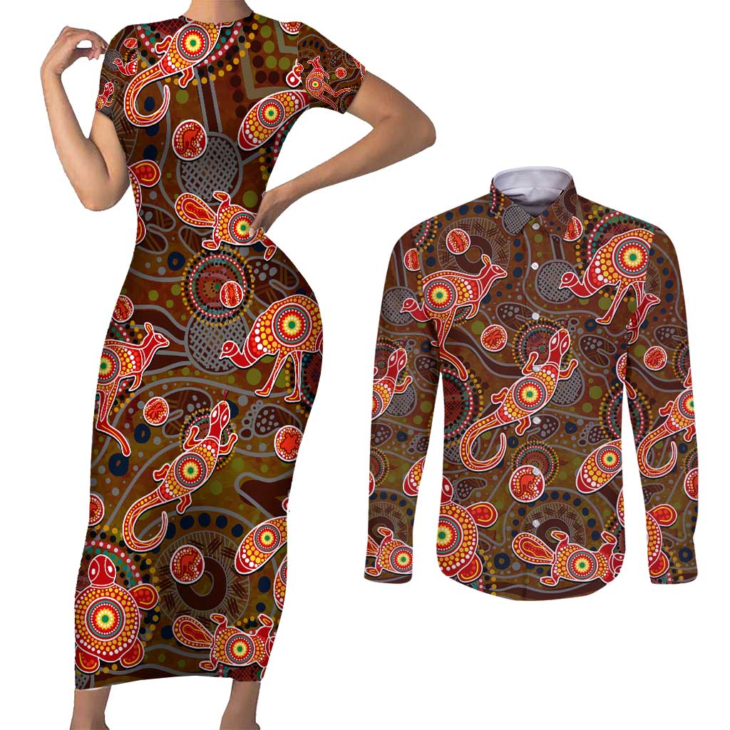 Animal Australia Aboriginal Art Couples Matching Short Sleeve Bodycon Dress and Long Sleeve Button Shirt
