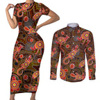 Animal Australia Aboriginal Art Couples Matching Short Sleeve Bodycon Dress and Long Sleeve Button Shirt