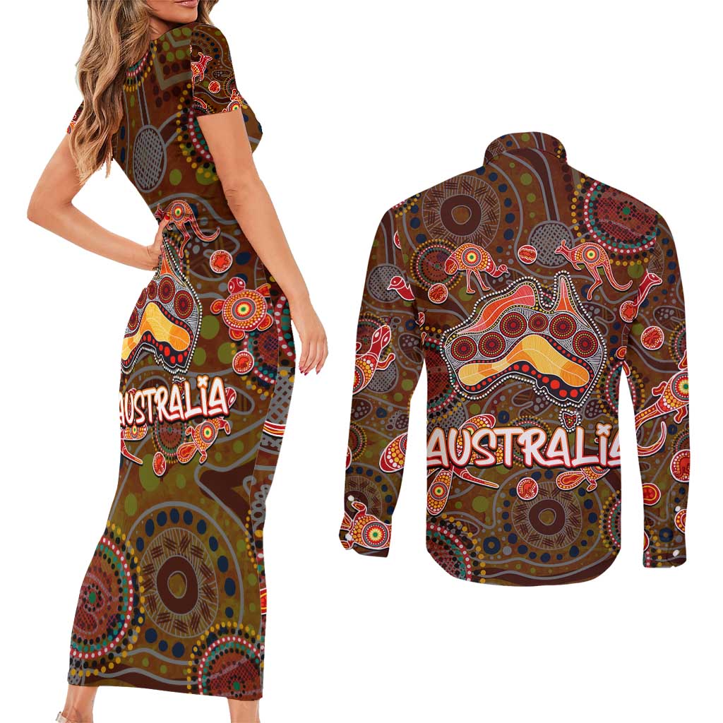 Animal Australia Aboriginal Art Couples Matching Short Sleeve Bodycon Dress and Long Sleeve Button Shirt