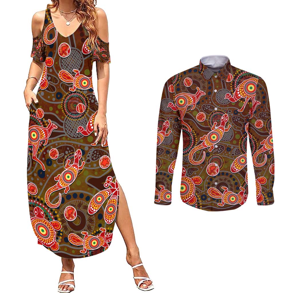 Animal Australia Aboriginal Art Couples Matching Summer Maxi Dress and Long Sleeve Button Shirt