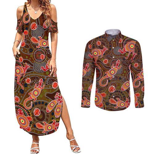 Animal Australia Aboriginal Art Couples Matching Summer Maxi Dress and Long Sleeve Button Shirt