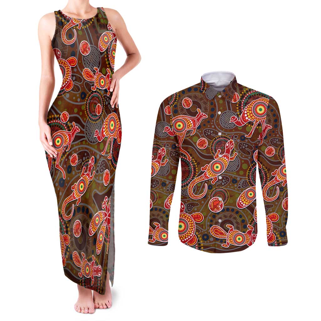 Animal Australia Aboriginal Art Couples Matching Tank Maxi Dress and Long Sleeve Button Shirt