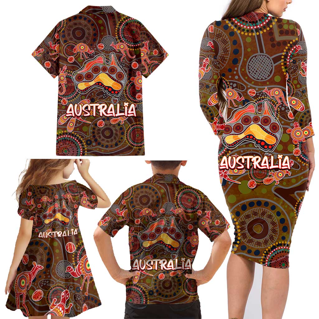 Animal Australia Aboriginal Art Family Matching Long Sleeve Bodycon Dress and Hawaiian Shirt