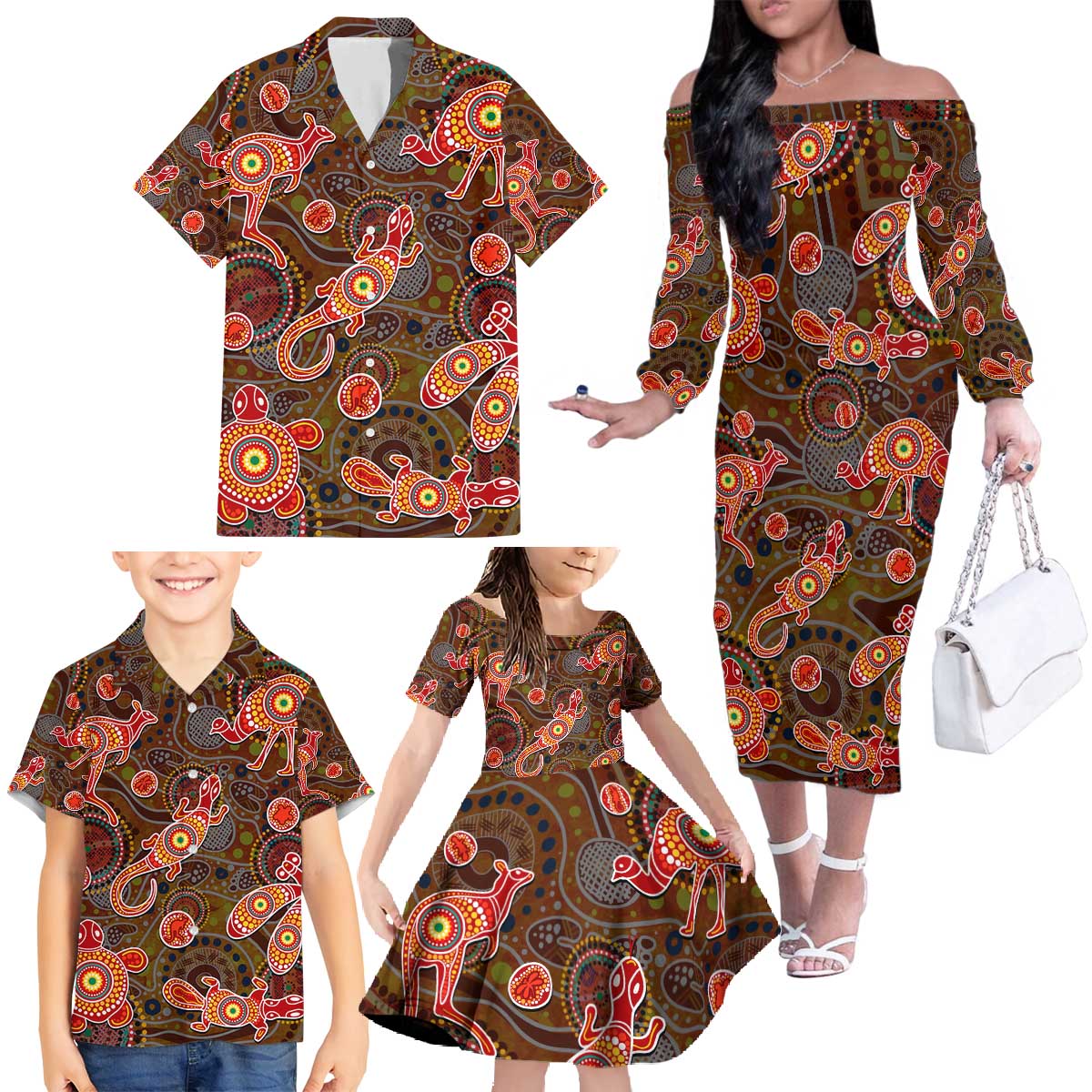 Animal Australia Aboriginal Art Family Matching Off The Shoulder Long Sleeve Dress and Hawaiian Shirt