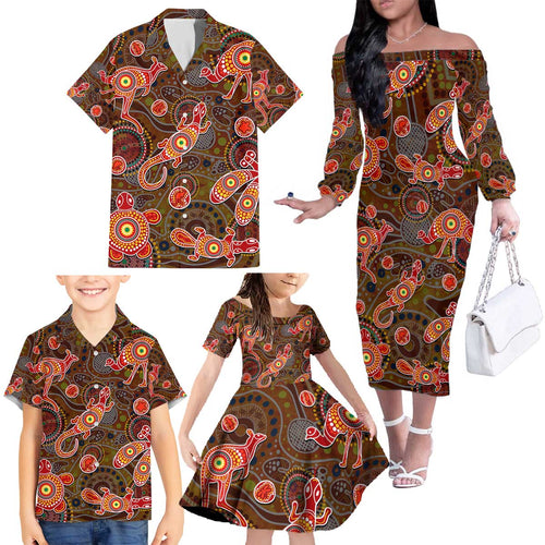 Animal Australia Aboriginal Art Family Matching Off The Shoulder Long Sleeve Dress and Hawaiian Shirt