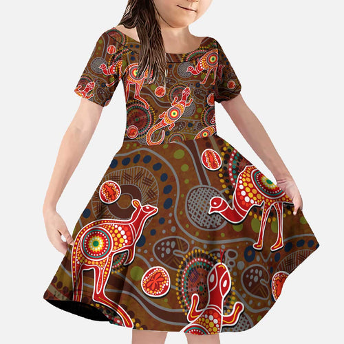 Animal Australia Aboriginal Art Family Matching Off The Shoulder Long Sleeve Dress and Hawaiian Shirt