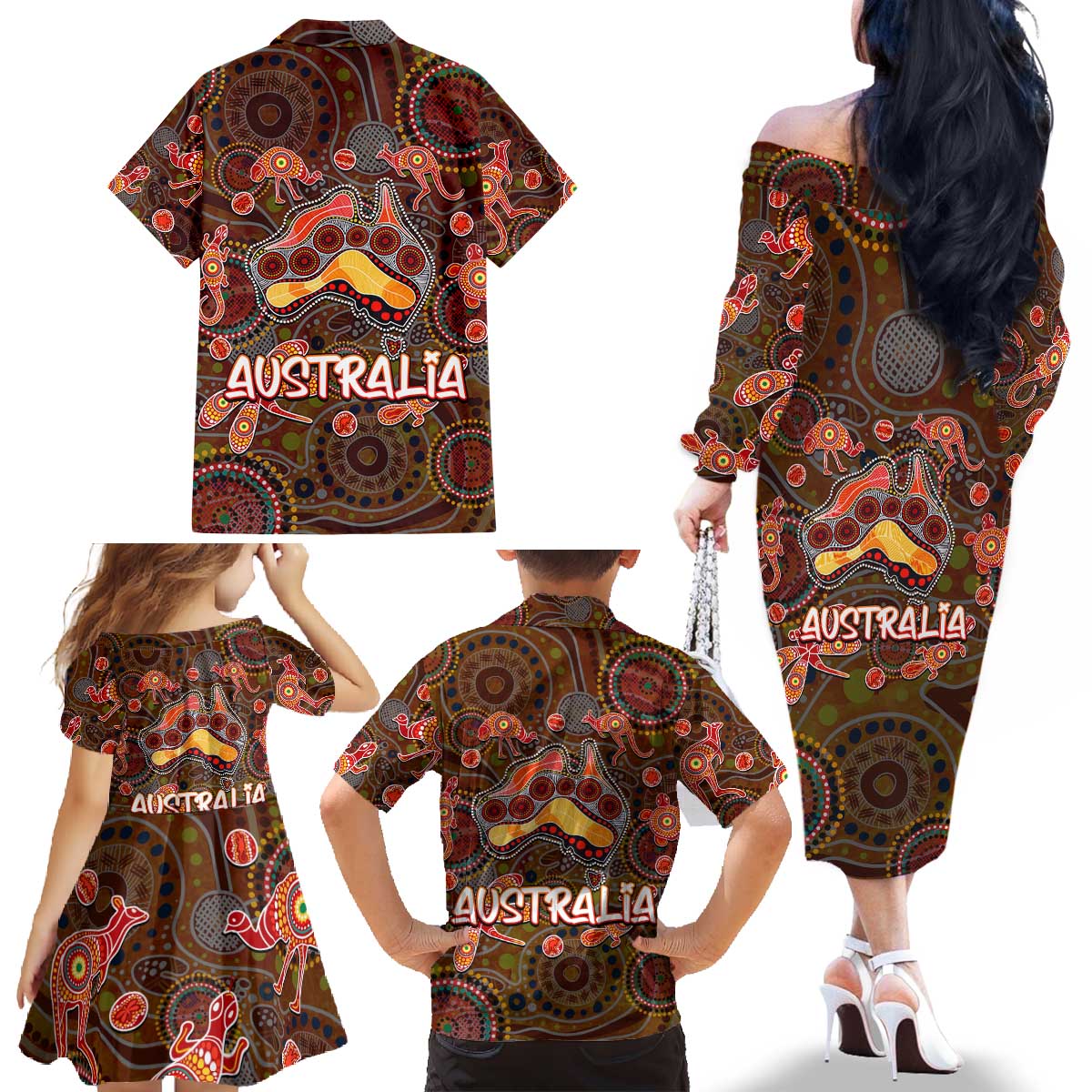 Animal Australia Aboriginal Art Family Matching Off The Shoulder Long Sleeve Dress and Hawaiian Shirt
